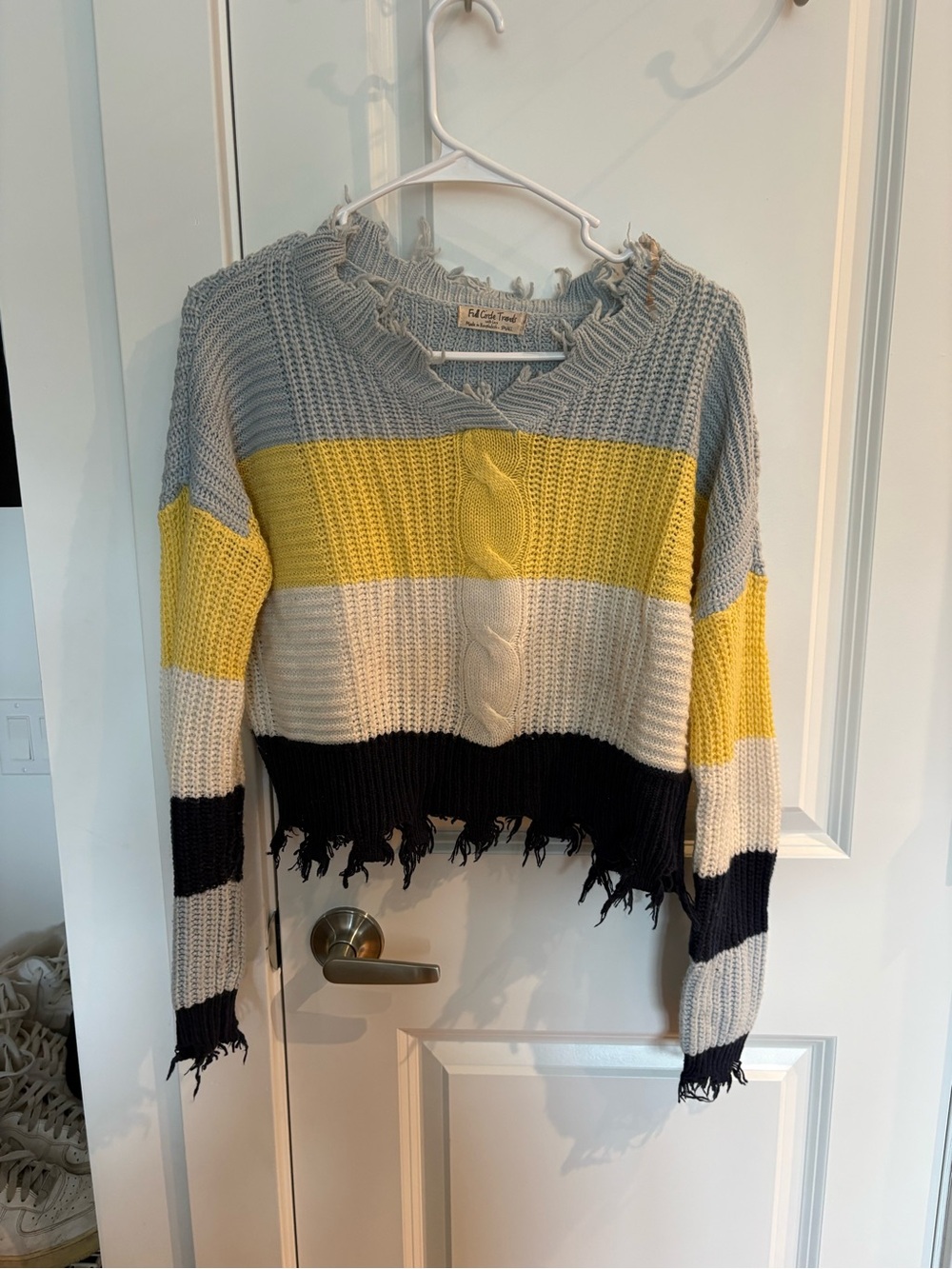 Distressed Striped Cropped Sweater - Gray, Yellow, White & Black